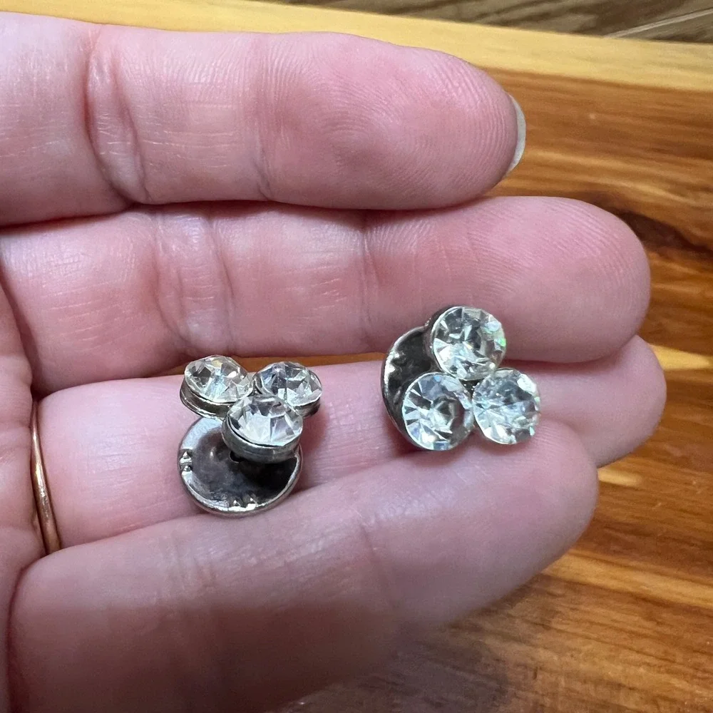 Vintage‎ Silver Tone Clear Rhinestone Cluster Lapel Pins Collar Studs Set of 2